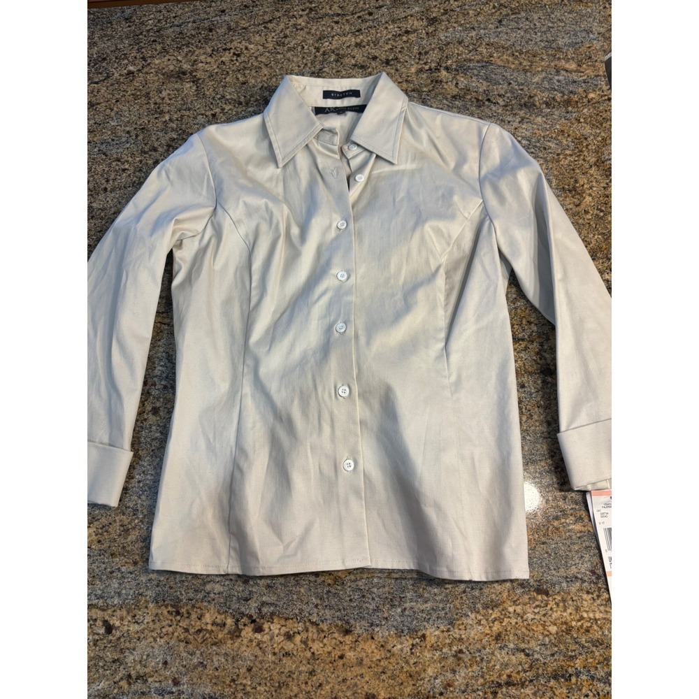 NWT Anne‎ Klein Womens Beige Stretch Button Front Shirt Top Bow Back Size 2